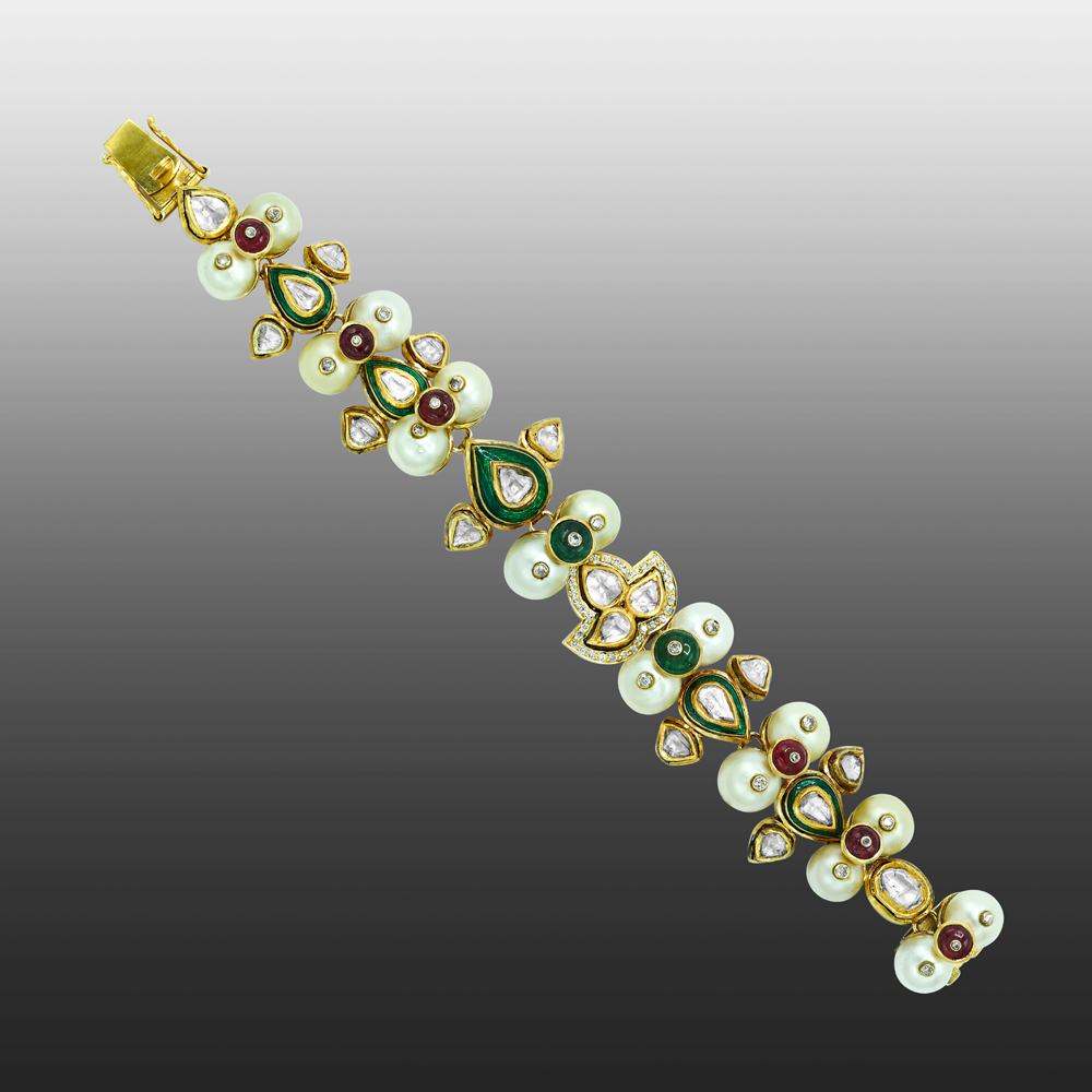 Polki Bracelet with Pearls and Enamel Floral Motifs